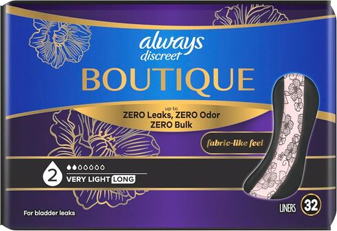 Always Discreet Boutique Adult Incontinence Bladder Leak Panty Liners for Women, Very Light Absorbency, Long Length, Up to 100% Bladder Leak Protection, 32 Count in Kuwait