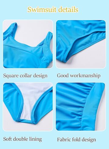 Girls One Piece Swimsuit Solid Ruched Square Neck Girls' Swimwear Beach Pool Bathing Suit Removable Chest Pad 6-16Y in Saudi Arabia