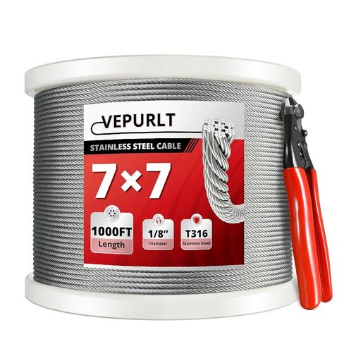 1/8 "T316 كابل من الفولاذ المقاوم للصدأ بطول 1000 قدم، حبل سلك من الفولاذ المقاوم للصدأ مع قاطع، كابل طائرات بناء 7 × 7 خيوط لمجموعة أدوات درابزين كابل سطح السفينة، الدرابزينات ذاتية الصنع in Kuwait