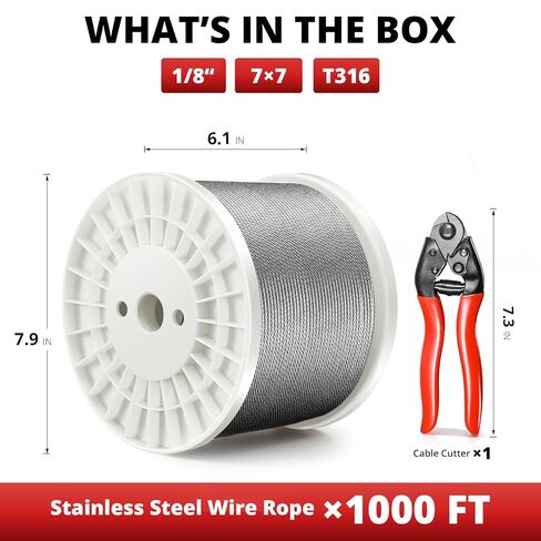 1/8 "T316 كابل من الفولاذ المقاوم للصدأ بطول 1000 قدم، حبل سلك من الفولاذ المقاوم للصدأ مع قاطع، كابل طائرات بناء 7 × 7 خيوط لمجموعة أدوات درابزين كابل سطح السفينة، الدرابزينات ذاتية الصنع in Kuwait