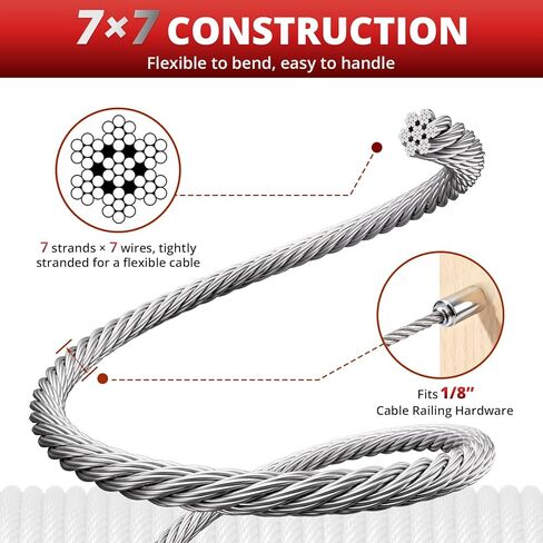 1/8 "T316 كابل من الفولاذ المقاوم للصدأ بطول 1000 قدم، حبل سلك من الفولاذ المقاوم للصدأ مع قاطع، كابل طائرات بناء 7 × 7 خيوط لمجموعة أدوات درابزين كابل سطح السفينة، الدرابزينات ذاتية الصنع in Kuwait