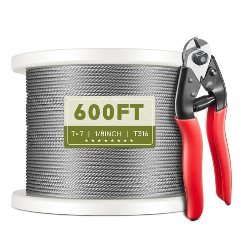 كابل من الفولاذ المقاوم للصدأ T316 بطول 600 قدم، 1/8 بوصة، كابل طائرة بحبل سلكي لمجموعة درابزين كابل سطح السفينة والدرابزينات DIY، بناء جدائل 7 × 7، يأتي مع قاطع in Kuwait