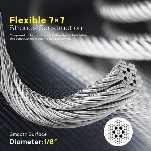 كابل من الفولاذ المقاوم للصدأ T316 بطول 600 قدم، 1/8 بوصة، كابل طائرة بحبل سلكي لمجموعة درابزين كابل سطح السفينة والدرابزينات DIY، بناء جدائل 7 × 7، يأتي مع قاطع in Kuwait