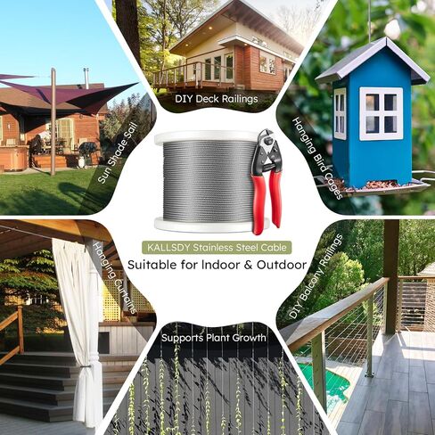كابل من الفولاذ المقاوم للصدأ T316 بطول 600 قدم، 1/8 بوصة، كابل طائرة بحبل سلكي لمجموعة درابزين كابل سطح السفينة والدرابزينات DIY، بناء جدائل 7 × 7، يأتي مع قاطع in Kuwait