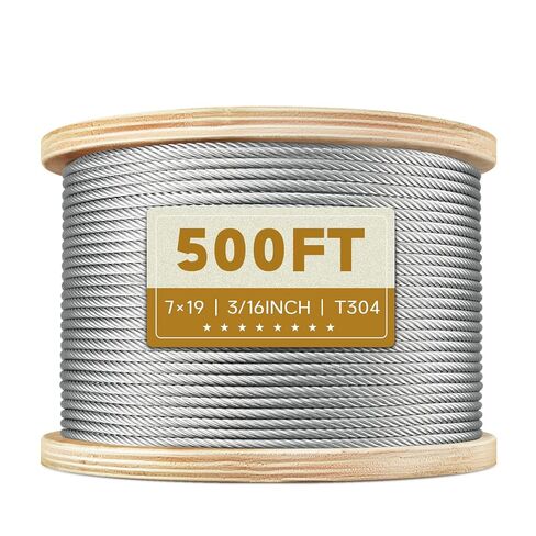 كابل من الفولاذ المقاوم للصدأ 3/16 بوصة بطول 500 قدم، حبل سلك من الفولاذ المقاوم للصدأ 304 مقاس 7 × 19، قوة كسر 3700 رطل لأنظمة درابزين الكابلات على سطح السفينة، وخطوط الغسيل، والزيبلين، والدرابزينات التي تصنعها بنفسك in Kuwait