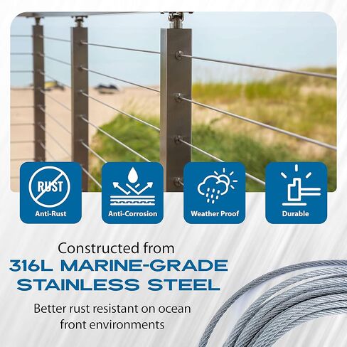 5/32" 316L Marine Grade Stainless Steel Cable Railing Wire Rope - Flexible for Easy Stair, Angle & Deck Curves - Rust-Resistant 7x7, 2270lb Strength - DIY Install in Saudi Arabia