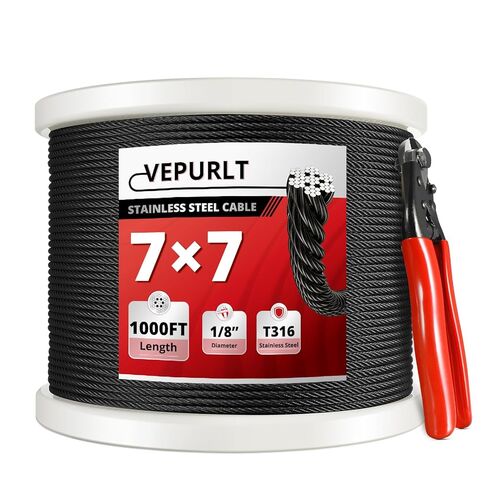 كابل من الفولاذ المقاوم للصدأ باللون الأسود بطول 1000 قدم مقاس 1/8 بوصة، كابل طائرة بحبل سلكي 7 × 7 لطقم نظام درابزين كابل سطح السفينة، يأتي مع قاطع in Kuwait