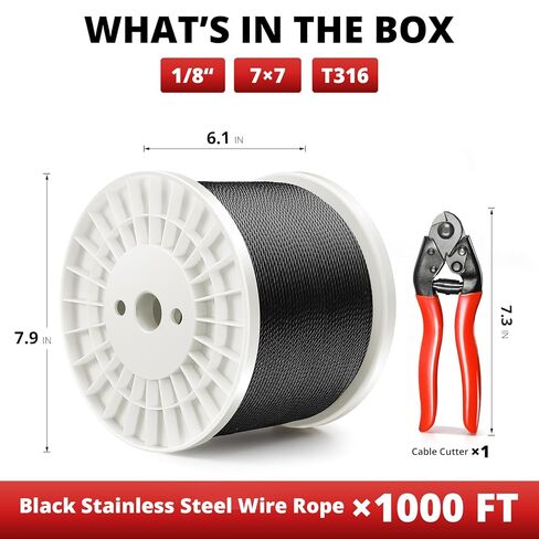 كابل من الفولاذ المقاوم للصدأ باللون الأسود بطول 1000 قدم مقاس 1/8 بوصة، كابل طائرة بحبل سلكي 7 × 7 لطقم نظام درابزين كابل سطح السفينة، يأتي مع قاطع in Kuwait