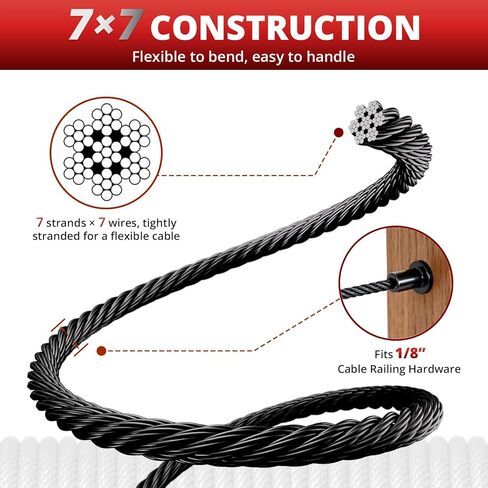 كابل من الفولاذ المقاوم للصدأ باللون الأسود بطول 1000 قدم مقاس 1/8 بوصة، كابل طائرة بحبل سلكي 7 × 7 لطقم نظام درابزين كابل سطح السفينة، يأتي مع قاطع in Kuwait