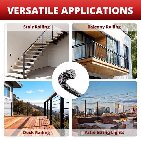 كابل من الفولاذ المقاوم للصدأ باللون الأسود بطول 1000 قدم مقاس 1/8 بوصة، كابل طائرة بحبل سلكي 7 × 7 لطقم نظام درابزين كابل سطح السفينة، يأتي مع قاطع in Kuwait