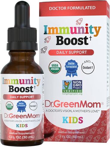 دكتور جرين موم لتعزيز المناعة - مكمل عشبي لدعم المناعة للأطفال الرضع والأطفال الصغار - قطرات سائلة مع إشنسا العضوية، البلسان، استراغالوس وفيتامين ج in Kuwait
