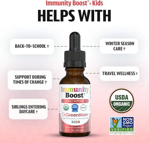 دكتور جرين موم لتعزيز المناعة - مكمل عشبي لدعم المناعة للأطفال الرضع والأطفال الصغار - قطرات سائلة مع إشنسا العضوية، البلسان، استراغالوس وفيتامين ج in Kuwait