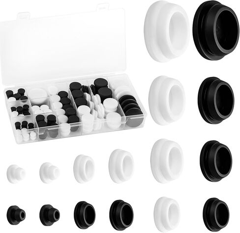 158-Piece Rubber Plugs for Round Holes, Assorted Sizes (8 Sizes), Black & White Silicone Hole Plugs for Bathrooms, Cars, Furniture, Pipes, and More - Durable, Reusable, and Easy to Install in Kuwait