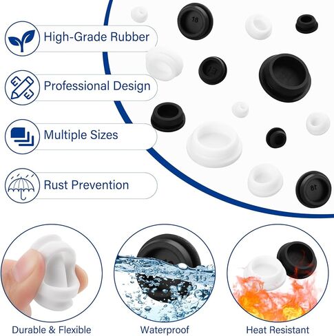 158-Piece Rubber Plugs for Round Holes, Assorted Sizes (8 Sizes), Black & White Silicone Hole Plugs for Bathrooms, Cars, Furniture, Pipes, and More - Durable, Reusable, and Easy to Install in Kuwait