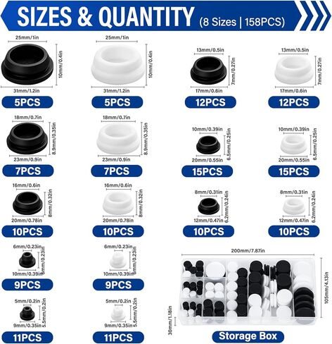 158-Piece Rubber Plugs for Round Holes, Assorted Sizes (8 Sizes), Black & White Silicone Hole Plugs for Bathrooms, Cars, Furniture, Pipes, and More - Durable, Reusable, and Easy to Install in Kuwait