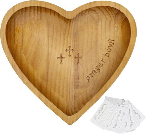 Prayer Bowl with 24 Blessing Cards, Farmhouse Wooden Heart Prayer Bowls with Engraved Cross And Text, Rustic Heart Shaped Dough Bowls Christian Gifts for Women Men (WhiteWashed) in Kuwait