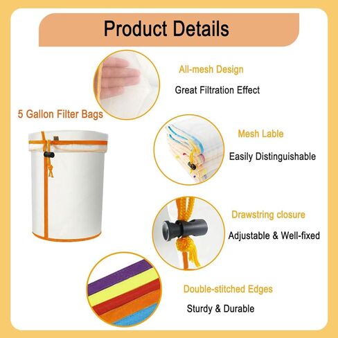 5 Gallon Filter Bags, 5-Pack Reusable Nylon All-Mesh Filter Bags 25-220 Micron, Multi-Use for Hydroponics Gardening, Industrial Applications in Kuwait