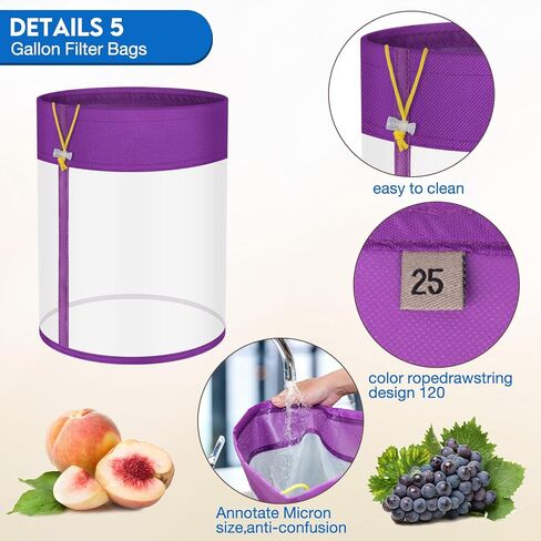 أكياس مصفاة شبكية سعة 5 جالون - مجموعة مكونة من 5 عبوات مع أحجام مرشحات متعددة الأغراض مع شاشة ضغط ممتازة - أكياس شبكية من النايلون قابلة لإعادة الاستخدام للخضروات المائية والشاي العشبي وترشيح الثلج in Kuwait