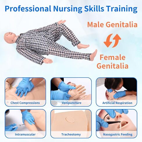 Nursing Training Mannequin, Medical Mannequin for Training Patient Care Manikin CPR Human Manikins 25 Items Nurse Skills with 3 Muscle Module & Patient Gown & Urinary for Teaching Pratice in Kuwait