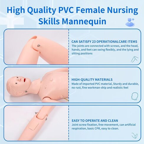 Nursing Training Mannequin, Medical Mannequin for Training Patient Care Manikin CPR Human Manikins 25 Items Nurse Skills with 3 Muscle Module & Patient Gown & Urinary for Teaching Pratice in Kuwait
