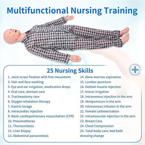 Nursing Training Mannequin, Medical Mannequin for Training Patient Care Manikin CPR Human Manikins 25 Items Nurse Skills with 3 Muscle Module & Patient Gown & Urinary for Teaching Pratice in Kuwait