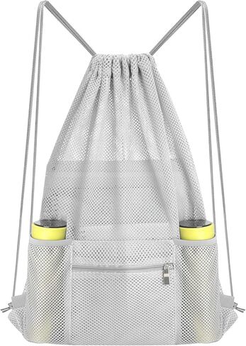 NATURAL STYLE Mesh Drawstring Backpack Bag, Gym Sports Bag with Zipper Pocket Bottle Holder, String Beach Bag for Swiming Travel (Black) in Kuwait