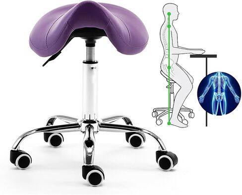 مقعد سرج من جلد البولي يوريثان باللون الأرجواني - ارتفاع قابل للتعديل 19 بوصة - 23 بوصة لمصففي الأسنان، كرسي صالون تجميل الوجه الاحترافي، مقعد طبي متدحرج مريح in Kuwait