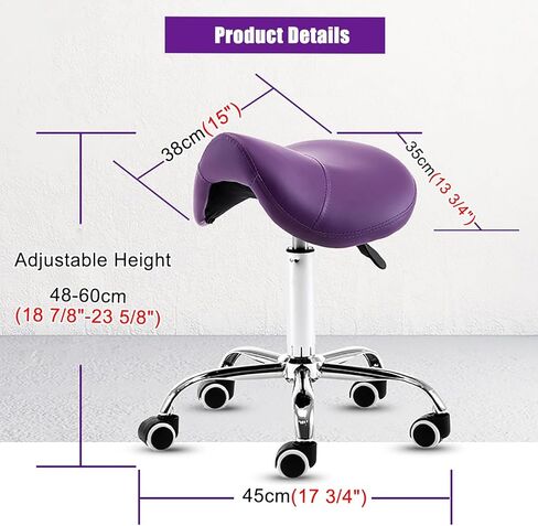 مقعد سرج من جلد البولي يوريثان باللون الأرجواني - ارتفاع قابل للتعديل 19 بوصة - 23 بوصة لمصففي الأسنان، كرسي صالون تجميل الوجه الاحترافي، مقعد طبي متدحرج مريح in Kuwait