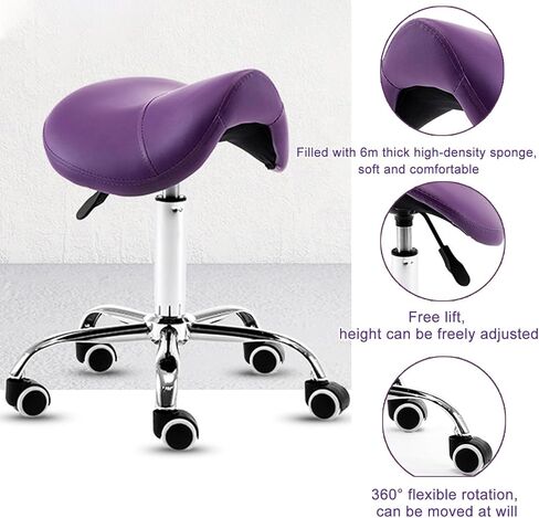 مقعد سرج من جلد البولي يوريثان باللون الأرجواني - ارتفاع قابل للتعديل 19 بوصة - 23 بوصة لمصففي الأسنان، كرسي صالون تجميل الوجه الاحترافي، مقعد طبي متدحرج مريح in Kuwait