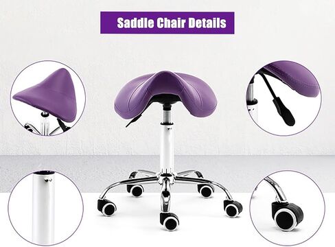 مقعد سرج من جلد البولي يوريثان باللون الأرجواني - ارتفاع قابل للتعديل 19 بوصة - 23 بوصة لمصففي الأسنان، كرسي صالون تجميل الوجه الاحترافي، مقعد طبي متدحرج مريح in Kuwait