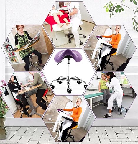 مقعد سرج من جلد البولي يوريثان باللون الأرجواني - ارتفاع قابل للتعديل 19 بوصة - 23 بوصة لمصففي الأسنان، كرسي صالون تجميل الوجه الاحترافي، مقعد طبي متدحرج مريح in Kuwait