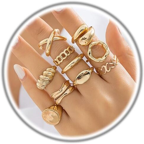 Gold Rings Set for Women Non Tarnish,14K Gold Plated Chunky Stackable Rings Set Statement Adjustable Hollow Joint Finger Midi Knuckle Rings Pack Mixed Size Minimalist Jewelry in Kuwait