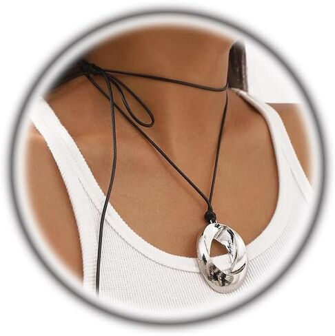 YOOESTORES82 Chunky Gold Hollowed Circle Pendant Necklaces, Adjustable Wax Rope Twisted Geometry Thick Metal Statement Choker Necklaces for Women in Saudi Arabia
