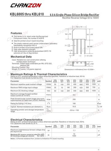 (عبوة من 10 قطع) صمام ثنائي لمقوم الجسر Chanzon KBL608 6A 800V KBL-4 (SIP-4) مرحلة واحدة، موجة كاملة 6 أمبير 800 فولت ثنائيات السيليكون الإلكترونية in Saudi Arabia