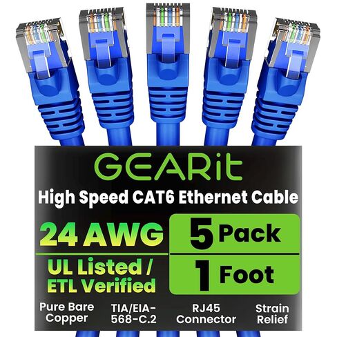 GEARit Cat 6 Ethernet Cable (100-Pack 1.5 Feet) Cat6 Network Patch, 10Gbps, RJ45, Snagless Cord, Gold-Plated Connectors, Internet for PC, TV, Tablet, Router, Printer, Servers, IT Data Center - Blue in Saudi Arabia