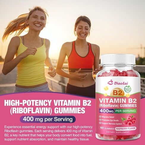 فيتامين ب2 علكات الريبوفلافين 400 ملغ مكمل مع المغنيسيوم للأطفال والكبار، علكات B2 لتخفيف الصداع النصفي ودعم الجهاز العصبي، نباتي، نكهة التوت، 60 قطعة in Kuwait