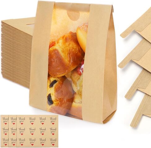 130 حزمة أكياس الخبز العجين المخمر محلية الصنع، 14 بوصة × 8.3 بوصة × 3.5 بوصة حقيبة خبز ورقية كبيرة مع قفل تبويب من القصدير وملصقات نافذة أمامية شفافة لتخزين المخبوزات وسلة عيد الفصح وهدايا الديكور in Kuwait