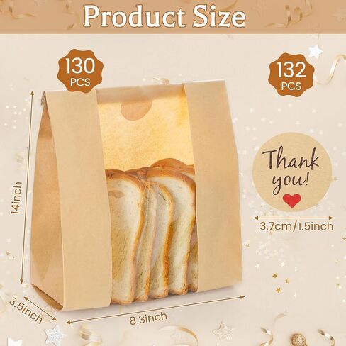130 حزمة أكياس الخبز العجين المخمر محلية الصنع، 14 بوصة × 8.3 بوصة × 3.5 بوصة حقيبة خبز ورقية كبيرة مع قفل تبويب من القصدير وملصقات نافذة أمامية شفافة لتخزين المخبوزات وسلة عيد الفصح وهدايا الديكور in Kuwait