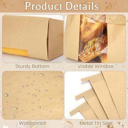 130 حزمة أكياس الخبز العجين المخمر محلية الصنع، 14 بوصة × 8.3 بوصة × 3.5 بوصة حقيبة خبز ورقية كبيرة مع قفل تبويب من القصدير وملصقات نافذة أمامية شفافة لتخزين المخبوزات وسلة عيد الفصح وهدايا الديكور in Kuwait
