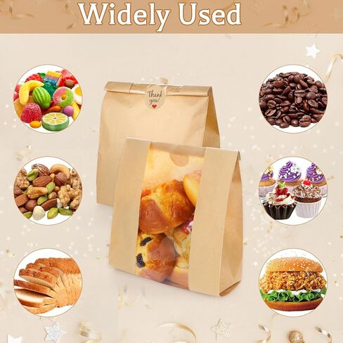 130 حزمة أكياس الخبز العجين المخمر محلية الصنع، 14 بوصة × 8.3 بوصة × 3.5 بوصة حقيبة خبز ورقية كبيرة مع قفل تبويب من القصدير وملصقات نافذة أمامية شفافة لتخزين المخبوزات وسلة عيد الفصح وهدايا الديكور in Kuwait