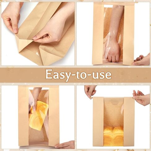 130 حزمة أكياس الخبز العجين المخمر محلية الصنع، 14 بوصة × 8.3 بوصة × 3.5 بوصة حقيبة خبز ورقية كبيرة مع قفل تبويب من القصدير وملصقات نافذة أمامية شفافة لتخزين المخبوزات وسلة عيد الفصح وهدايا الديكور in Kuwait