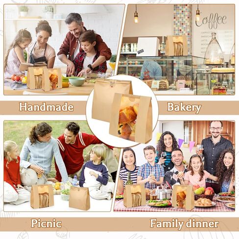 130 حزمة أكياس الخبز العجين المخمر محلية الصنع، 14 بوصة × 8.3 بوصة × 3.5 بوصة حقيبة خبز ورقية كبيرة مع قفل تبويب من القصدير وملصقات نافذة أمامية شفافة لتخزين المخبوزات وسلة عيد الفصح وهدايا الديكور in Kuwait