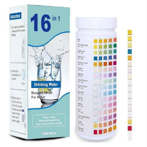 Drinking Water Testing Kits(100 Strips)-16 in 1 Well&Household Tap&Natural Water Quality Test with Hardness,Chlorine,Copper,Iron,Lead,pH,Etc. in Kuwait
