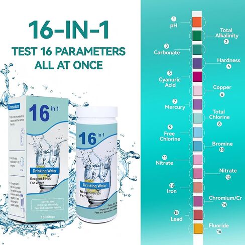 Drinking Water Testing Kits(100 Strips)-16 in 1 Well&Household Tap&Natural Water Quality Test with Hardness,Chlorine,Copper,Iron,Lead,pH,Etc. in Kuwait