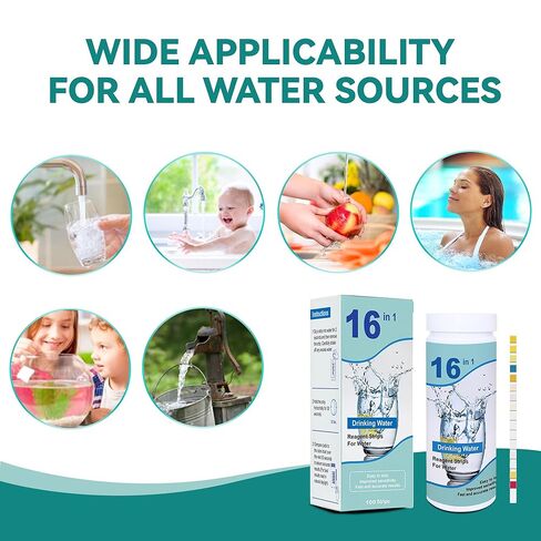 Drinking Water Testing Kits(100 Strips)-16 in 1 Well&Household Tap&Natural Water Quality Test with Hardness,Chlorine,Copper,Iron,Lead,pH,Etc. in Kuwait
