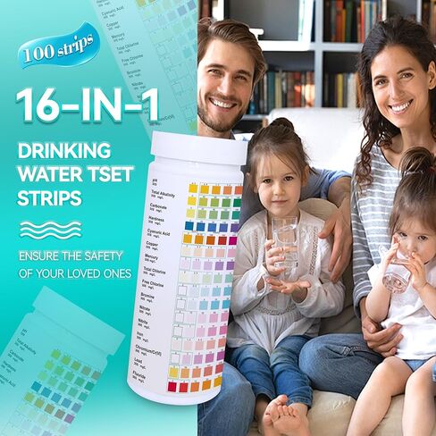 Drinking Water Testing Kits(100 Strips)-16 in 1 Well&Household Tap&Natural Water Quality Test with Hardness,Chlorine,Copper,Iron,Lead,pH,Etc. in Kuwait
