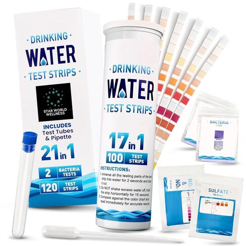 مجموعة اختبار مياه الشرب 21 في 1 - 120 شريط اختبار المياه + 2 اختبار للبكتيريا | اختبار جودة مياه الصنبور ومياه الآبار في المنزل بحثًا عن الرصاص ودرجة الحموضة والصلابة والكلور والنترات والحديد والمزيد in Kuwait