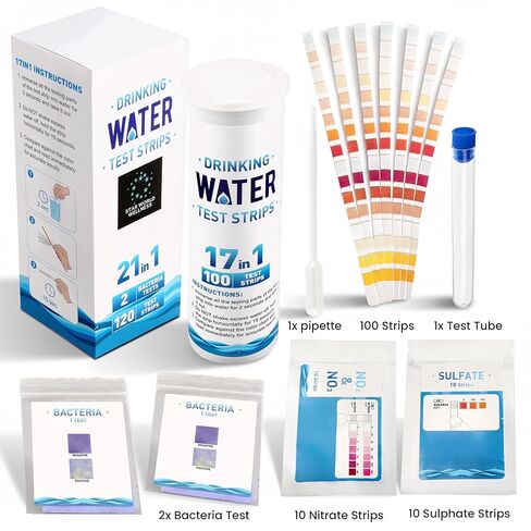مجموعة اختبار مياه الشرب 21 في 1 - 120 شريط اختبار المياه + 2 اختبار للبكتيريا | اختبار جودة مياه الصنبور ومياه الآبار في المنزل بحثًا عن الرصاص ودرجة الحموضة والصلابة والكلور والنترات والحديد والمزيد in Kuwait