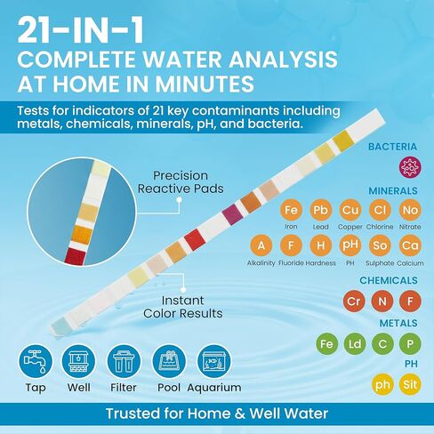 مجموعة اختبار مياه الشرب 21 في 1 - 120 شريط اختبار المياه + 2 اختبار للبكتيريا | اختبار جودة مياه الصنبور ومياه الآبار في المنزل بحثًا عن الرصاص ودرجة الحموضة والصلابة والكلور والنترات والحديد والمزيد in Kuwait