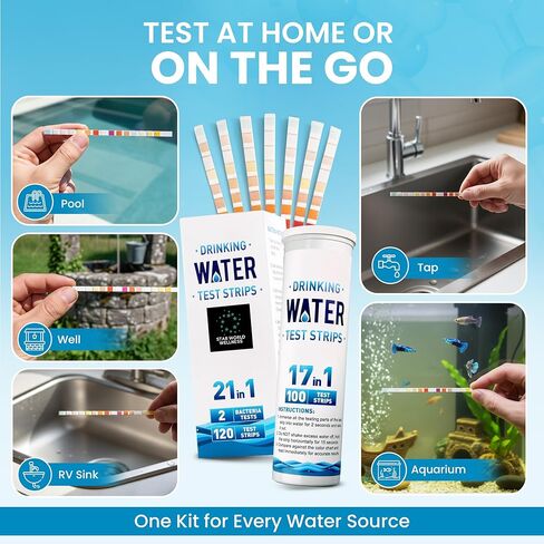 مجموعة اختبار مياه الشرب 21 في 1 - 120 شريط اختبار المياه + 2 اختبار للبكتيريا | اختبار جودة مياه الصنبور ومياه الآبار في المنزل بحثًا عن الرصاص ودرجة الحموضة والصلابة والكلور والنترات والحديد والمزيد in Kuwait